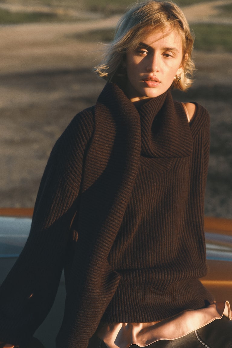 Rib-Knit Scarf-Collar Jumper