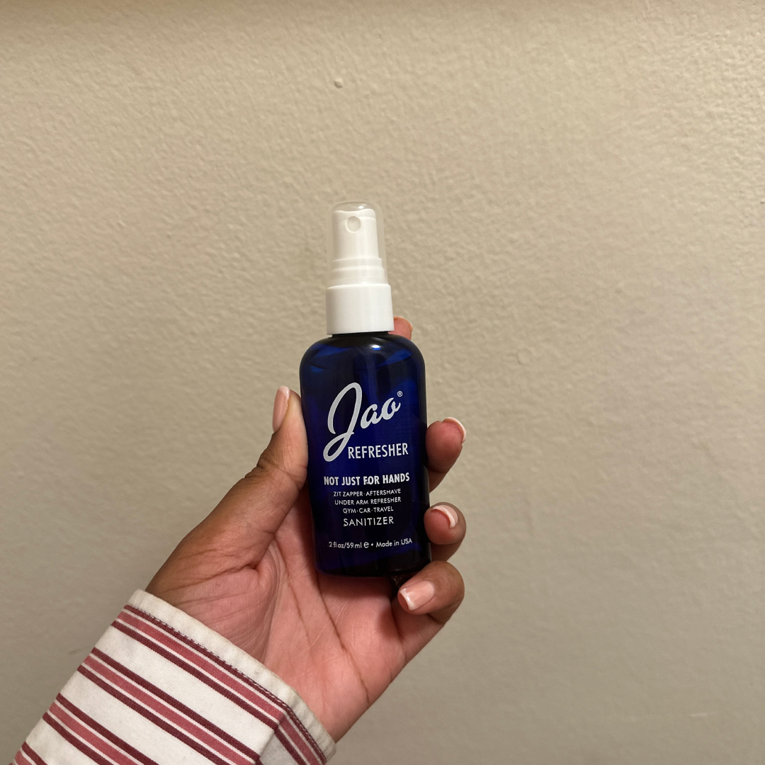 Ariel Baker testing the Jao Refresher hand sanitizer