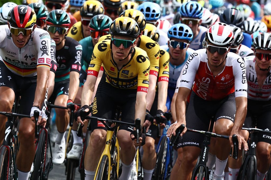 JumboVismas Belgian rider Nathan Van Hooydonck C rides in the pack during the third stage of the 75th edition of the Criterium du Dauphine cycling race 1945 kms between MonistrolSurLoire and Le Coteau centraleastern France on June 6 2023 Photo by AnneChristine POUJOULAT AFP Photo by ANNECHRISTINE POUJOULATAFP via Getty Images