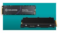 A pair of Solidigm P44 Pro and Nextorage NEM-PA SSDs against a teal background, with a white border