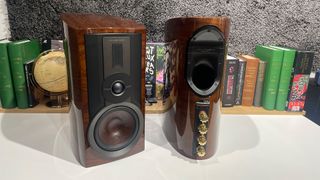 Dali Epikore 3 standmount speakers with one speaker facing forward the other showing rear