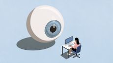 Workplace monitoring and 'bossware' concept image showing giant human eyeball watching over office worker working on desktop computer.