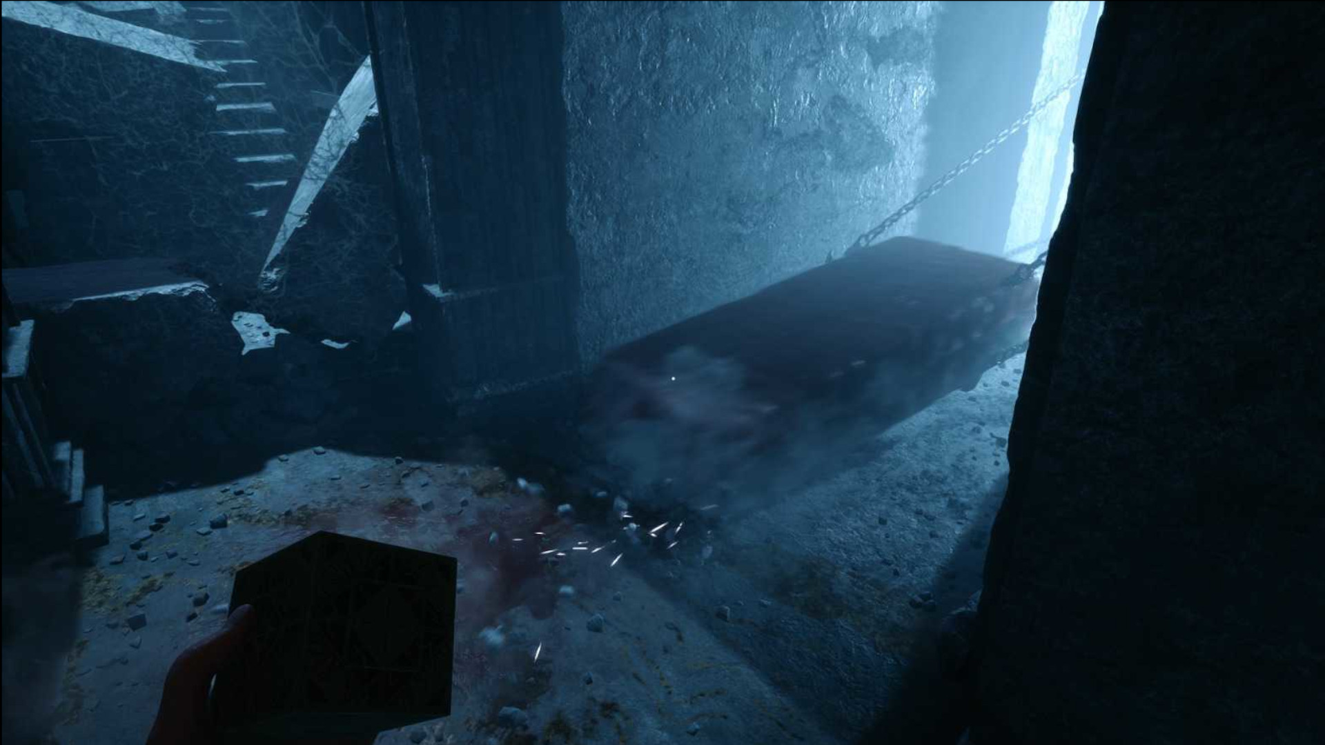 A screenshot of the Hellraiser Revival Easter Egg of a mattress being pulled by chains