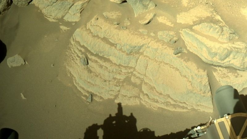 These intriguingly layered rocks are a potential sampling target for NASA&#039;s Mars rover Perseverance, mission team members said via Twitter, where they posted this photo on Nov. 4, 2021.