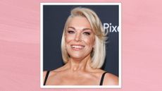 Hannah Waddingham is pictured with a blonde bob at the 35th Annual GLAAD Media Awards held at the Beverly Hilton Hotel on March 14, 2024 in Beverly Hills, California/ in a pink template