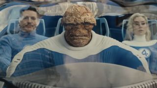 Thing driving the Fantasti-Car and Mister Fantastic and Invisible Woman sitting in the back seats