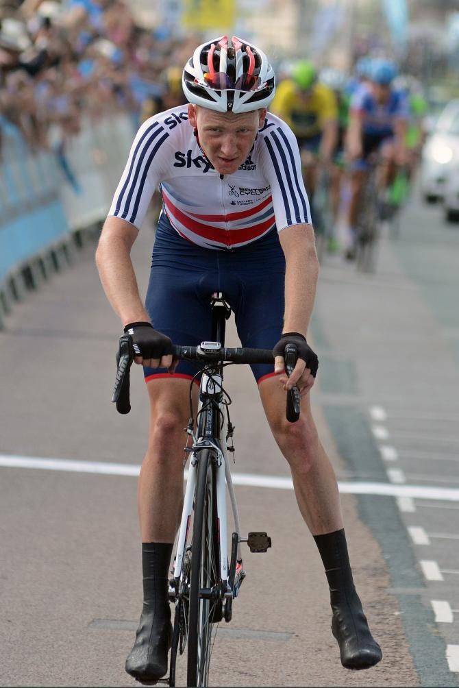 Tao Geoghegan Hart crosses the line during stage 7 of the Tour of Britain