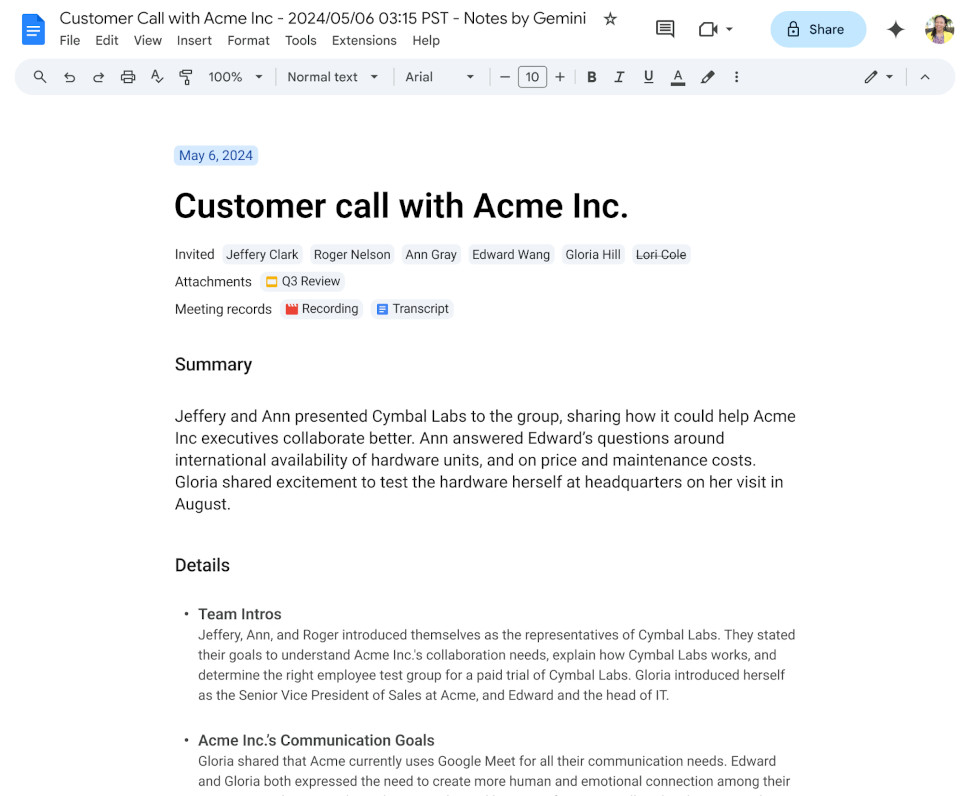 Google Meet: Create notes for me, meeting notes