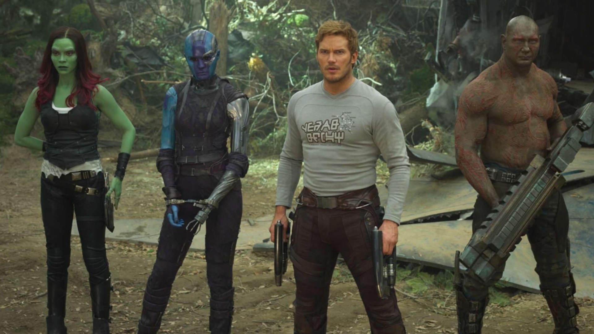 Zoe Saldaña as Gamora, Karen Gillan as Nebula, Chris Pratt as Peter Quill aka Star-Lord, and Dave Bautista as Drax the Destroyer in Guardians of the Galaxy Vol. 2.