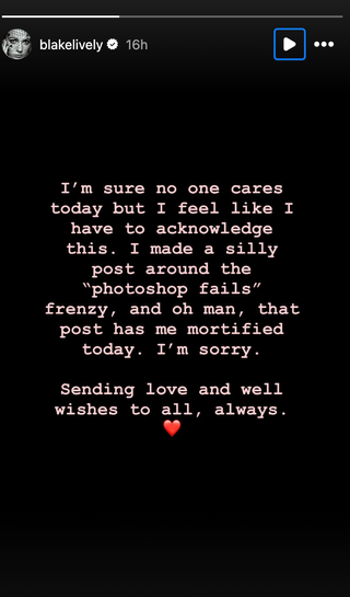 Blake Lively apologizes for "photoshop fails" post following Kate Middleton's cancer diagnosis.