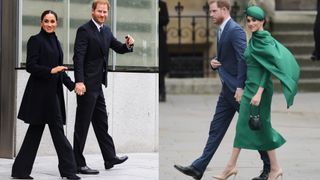 A photo of Prince Harry and Meghan Markle wearing dark coats and pants holding hands and another photo of them walking into Westminster Abbey with Meghan wearing a bright green hat, dress and nude pumps