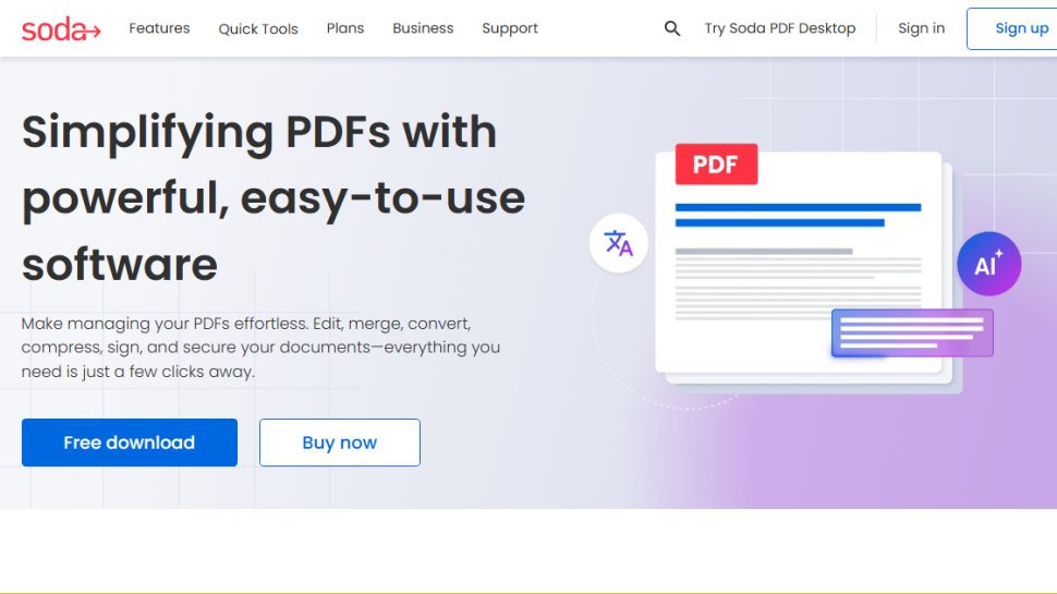 Website screenshot of Soda PDF (August, 2025)