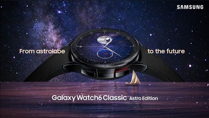 The Samsung Galaxy Watch 6 Classic Astro Edition on a starry sky background