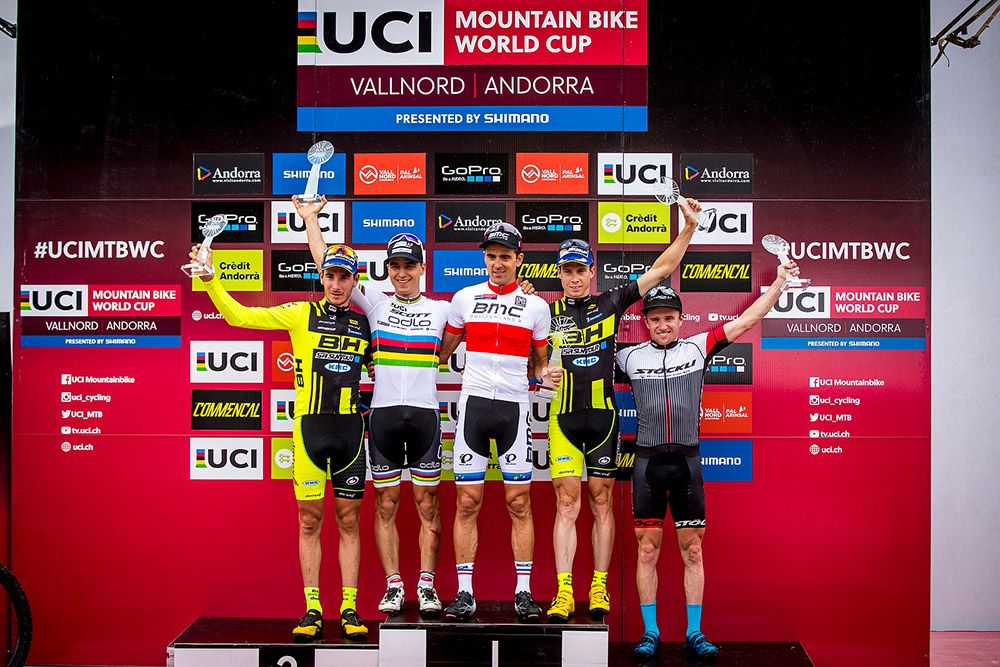 Final World Cup podium: Victor Koretzky, Nino Schurter, Julien Abalone, Maxime Marotte, Mathias Fluckiger