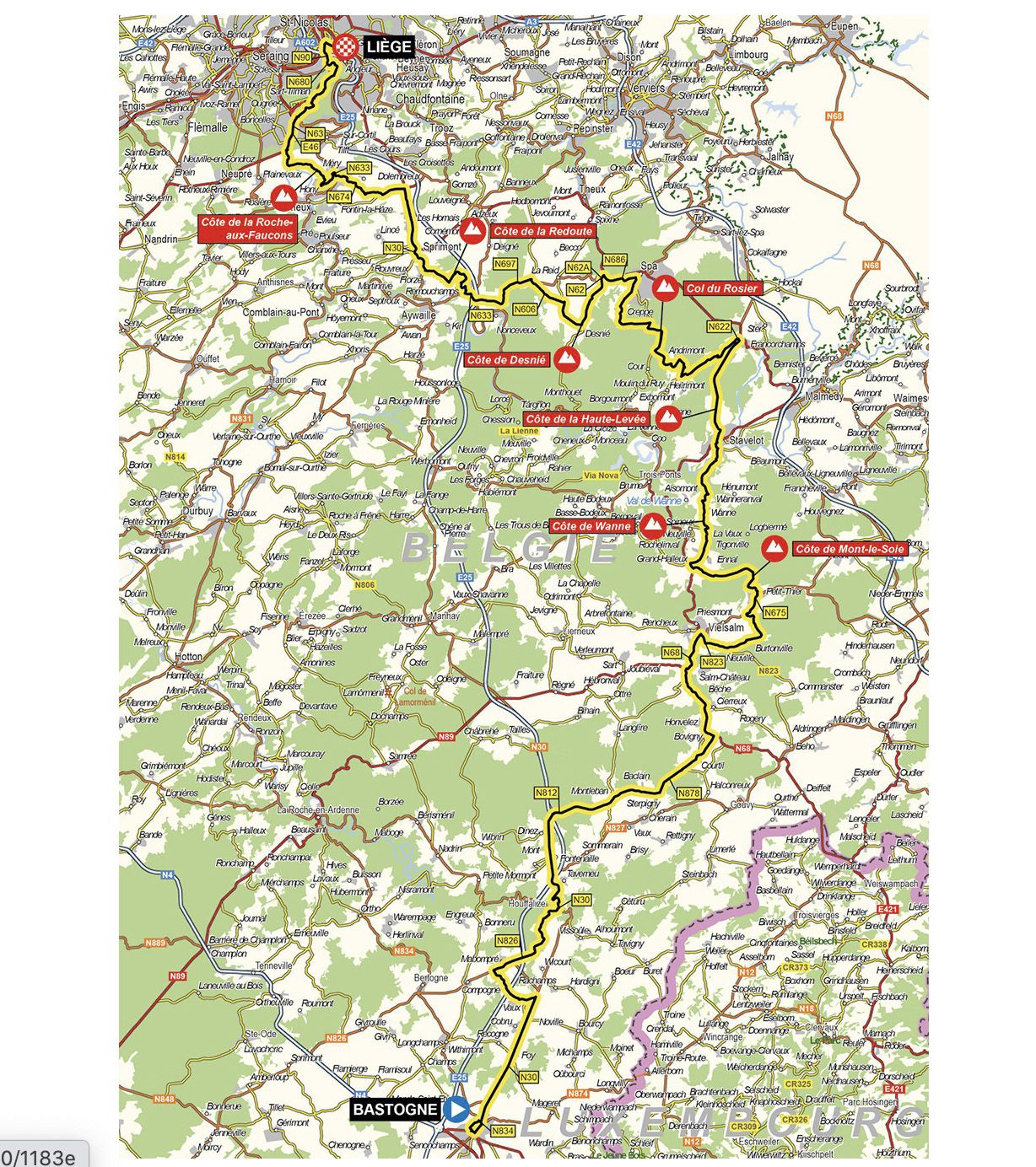 Route map for the 2022 Li&egrave;ge-Bastogne-Li&egrave;ge Femmes