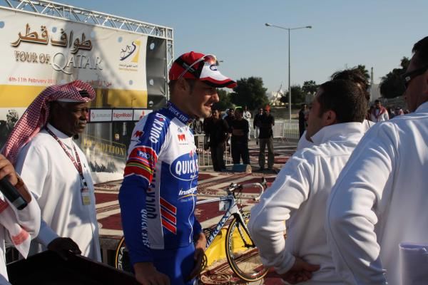 Tom Boonen (Quick Step) speaks after winning stage 1.