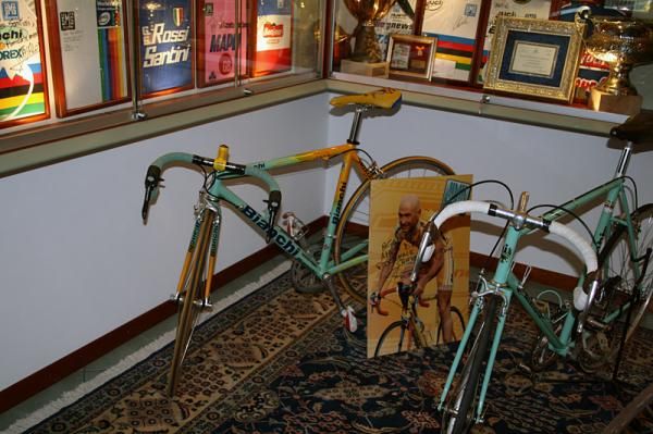 Marco Pantani's Bianchi from his historic 1998 Giro-Tour double on display at Santini.