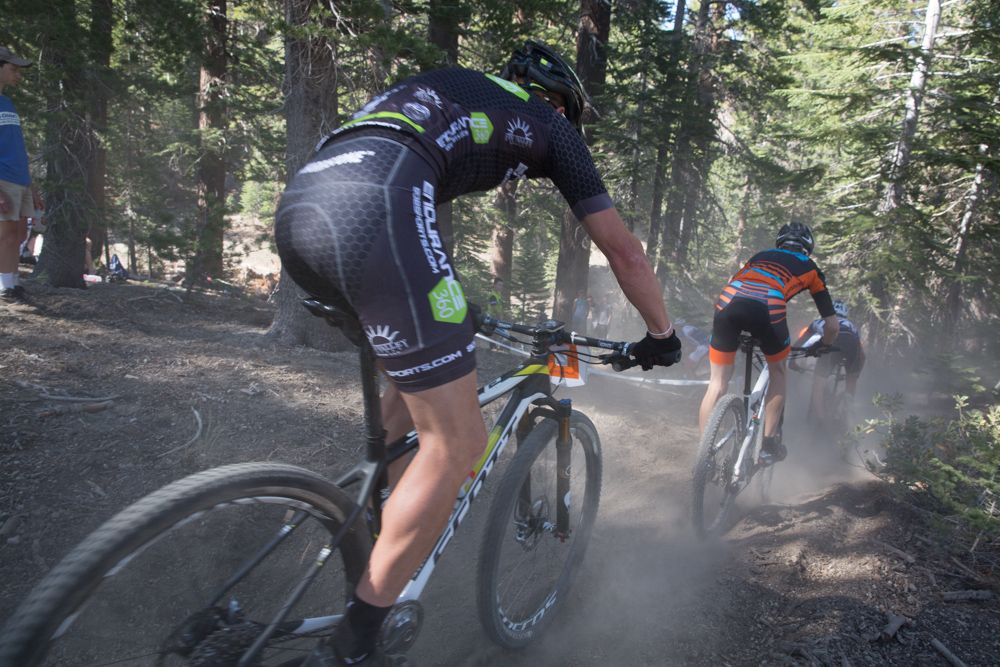 With forty starters, the descent in the forest section quickly became a dusty conga line of racers.