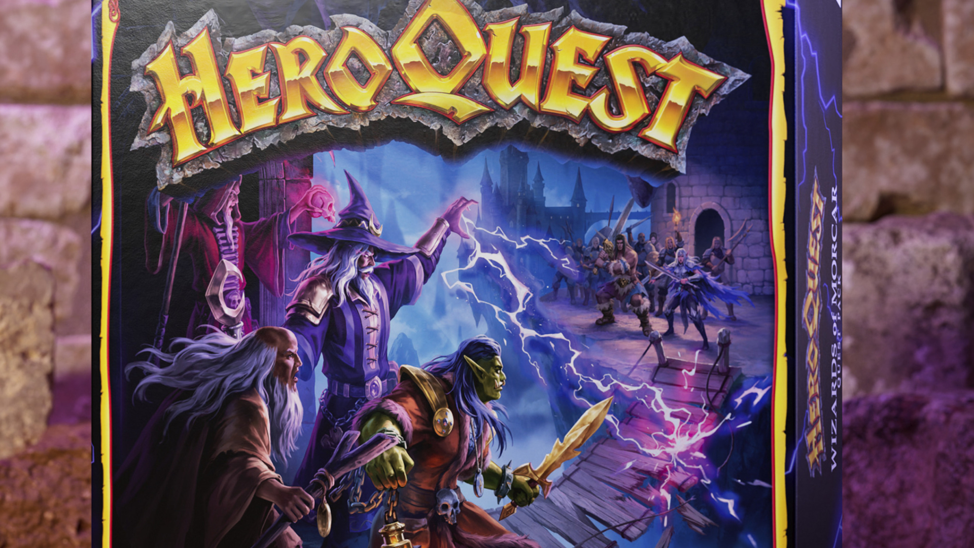 HeroQuest Wizards of Morcar box against a rustic stone background