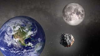 a blue-and-green planet dotted with white clouds next to a lumpy space rock and a grey-and-white moon pockmarked with craters