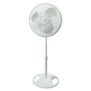 A white freestanding fan