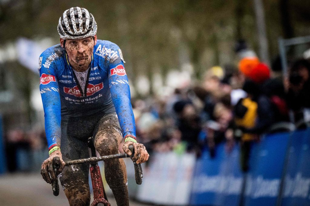 Netherlands Mathieu Van Der Poel crosses the finish line to win the mens elite race at the Herentals Crosst cyclocross cycling event at Herentals on January 3 2023 the fourth stage in the X2O Badkamers Trofee Veldrijden competition Belgium OUT Photo by JASPER JACOBS Belga AFP Belgium OUT Photo by JASPER JACOBSBelgaAFP via Getty Images