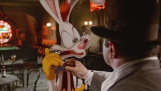 Roger Rabbit angrily holds a glass of bourbon in Who Framed Roger Rabbit.