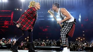 (L-R) Gwen Stefani and Tony Kanal of No Doubt perform at the Coachella Stage during the 2024 Coachella Valley Music and Arts Festival at Empire Polo Club on April 20, 2024 in Indio, California