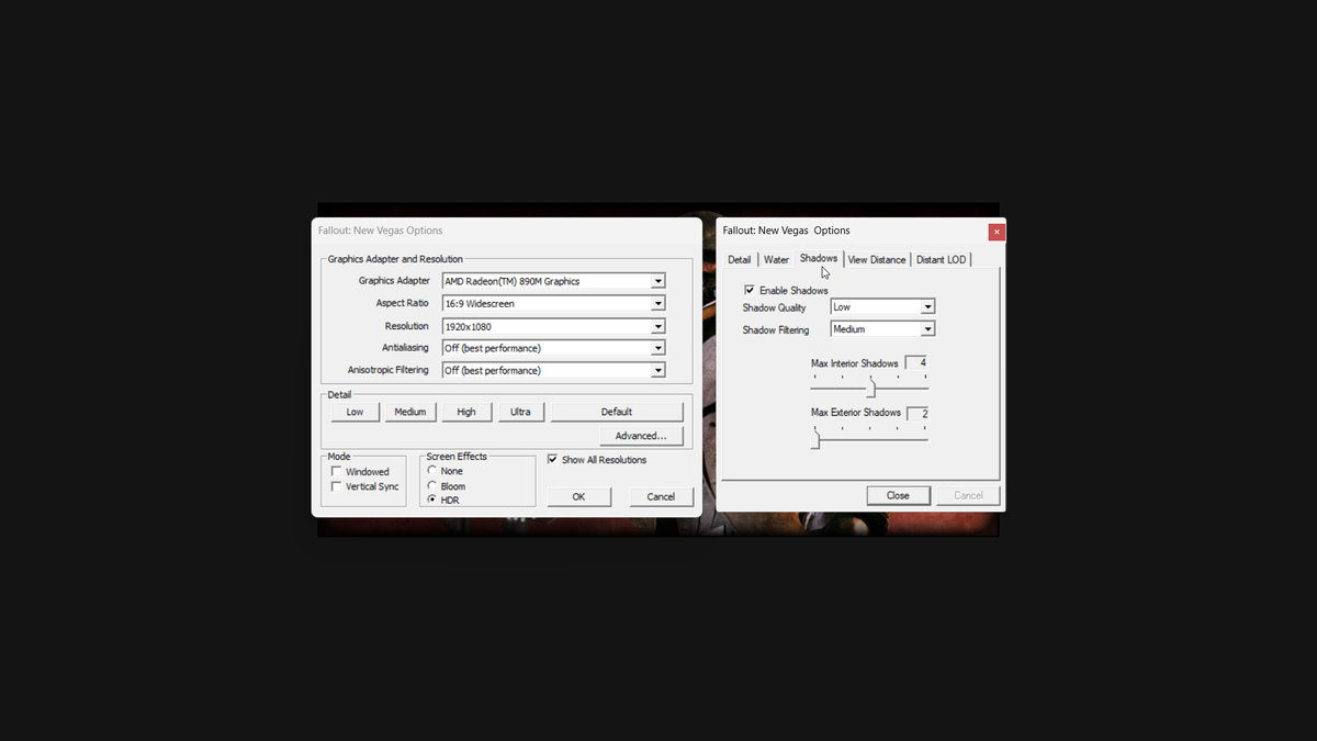 Fallout New Vegas graphical settings for handhelds
