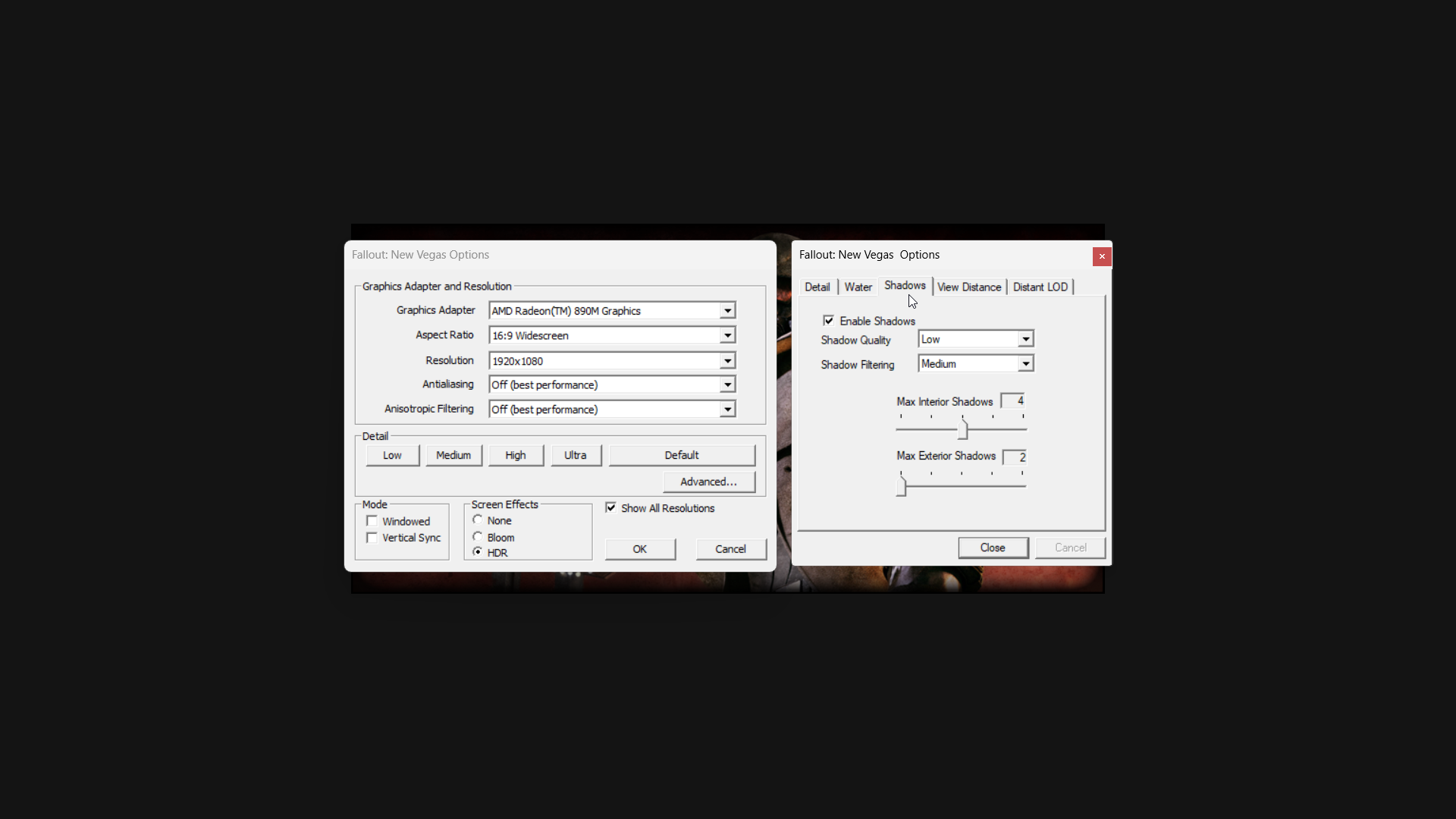 Fallout New Vegas graphical settings for handhelds