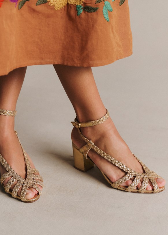 Natacha Sandals - Smooth Braided Gold - Crackled Metallic Goatskin Leather - S&amp;eacute;zane