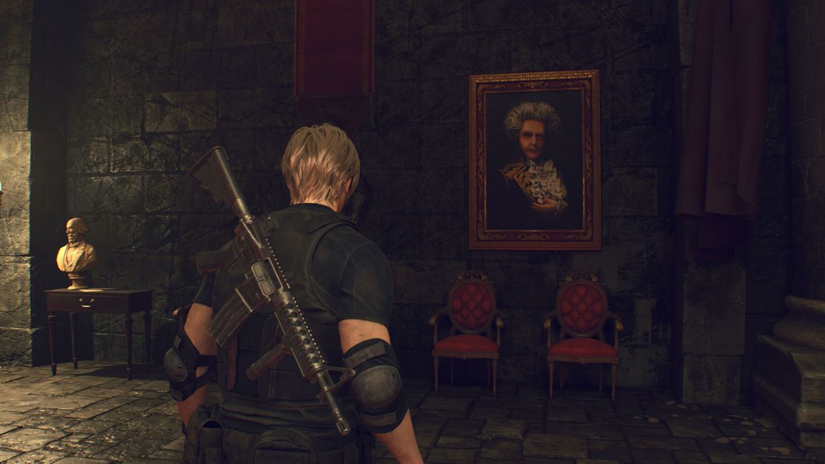 Leon looking at Ramon&#039;s portrait in Resident Evil 4 Remake