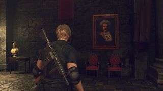 Leon looking at Ramon's portrait in Resident Evil 4 Remake