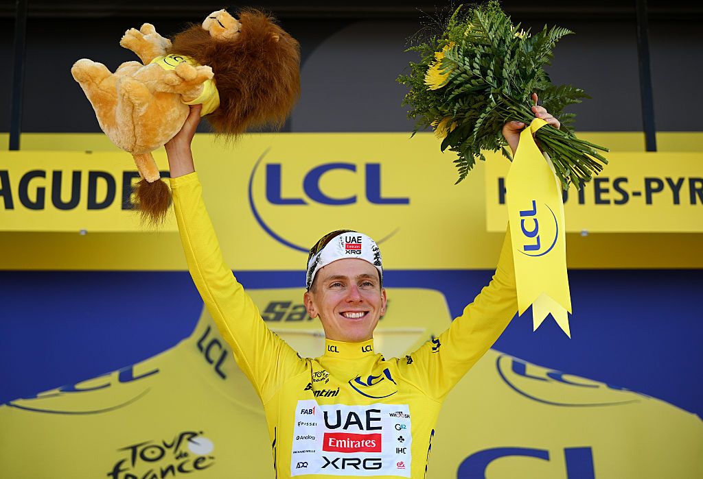 PEYRAGUDES, FRANCE - JULY 18: Tadej Pogacar of Slovenia and UAE Team Emirates - XRG celebrates at podium as Yellow Leader Jersey winner during the 112th Tour de France 2025, Stage 13 a 10.9km individual time trial stage from Loudenvielle to Peyragudes 1561m / #UCIWT / on July 18, 2025 in Peyragudes, France. (Photo by Dario Belingheri/Getty Images)