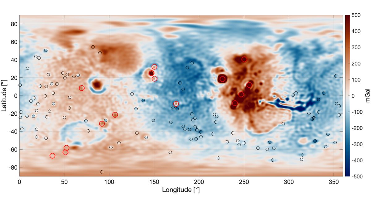 a red and blue textured map of a planet surface with some craters circles with red circles.