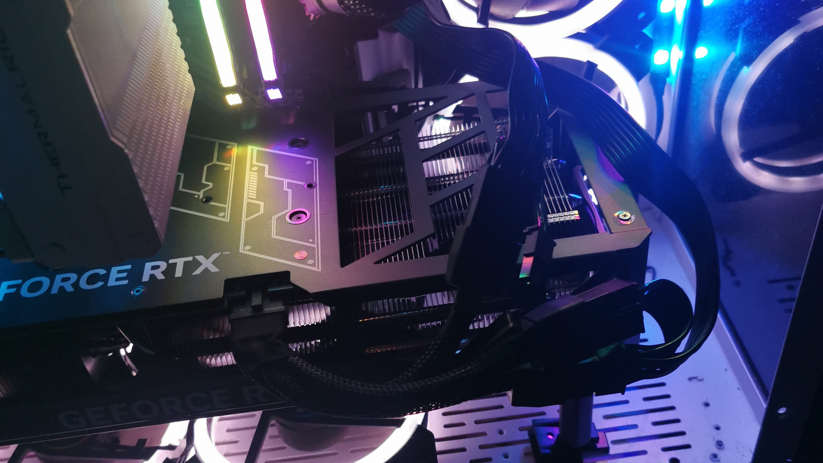 An RTX 4080 Super in a brightly-lit gaming PC