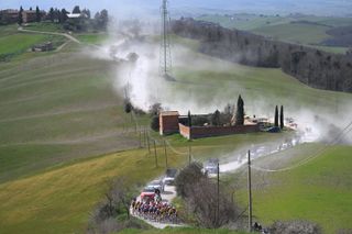 SIENA ITALY MARCH 08 A general view of the peloton passing through a landscape during the 11st Strade Bianche 2025 Womens Elite a 136km one day race from Siena to Siena 320m UCIWWT on March 08 2025 in Siena Italy Photo by Dario BelingheriGetty Images