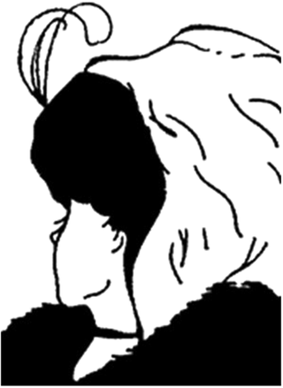 Black and white illustration shows a woman wearing a coat with a fluffy collar. Depending on the angle, it resembles a young woman looking over her shoulder or an older woman with a large nose looking forward