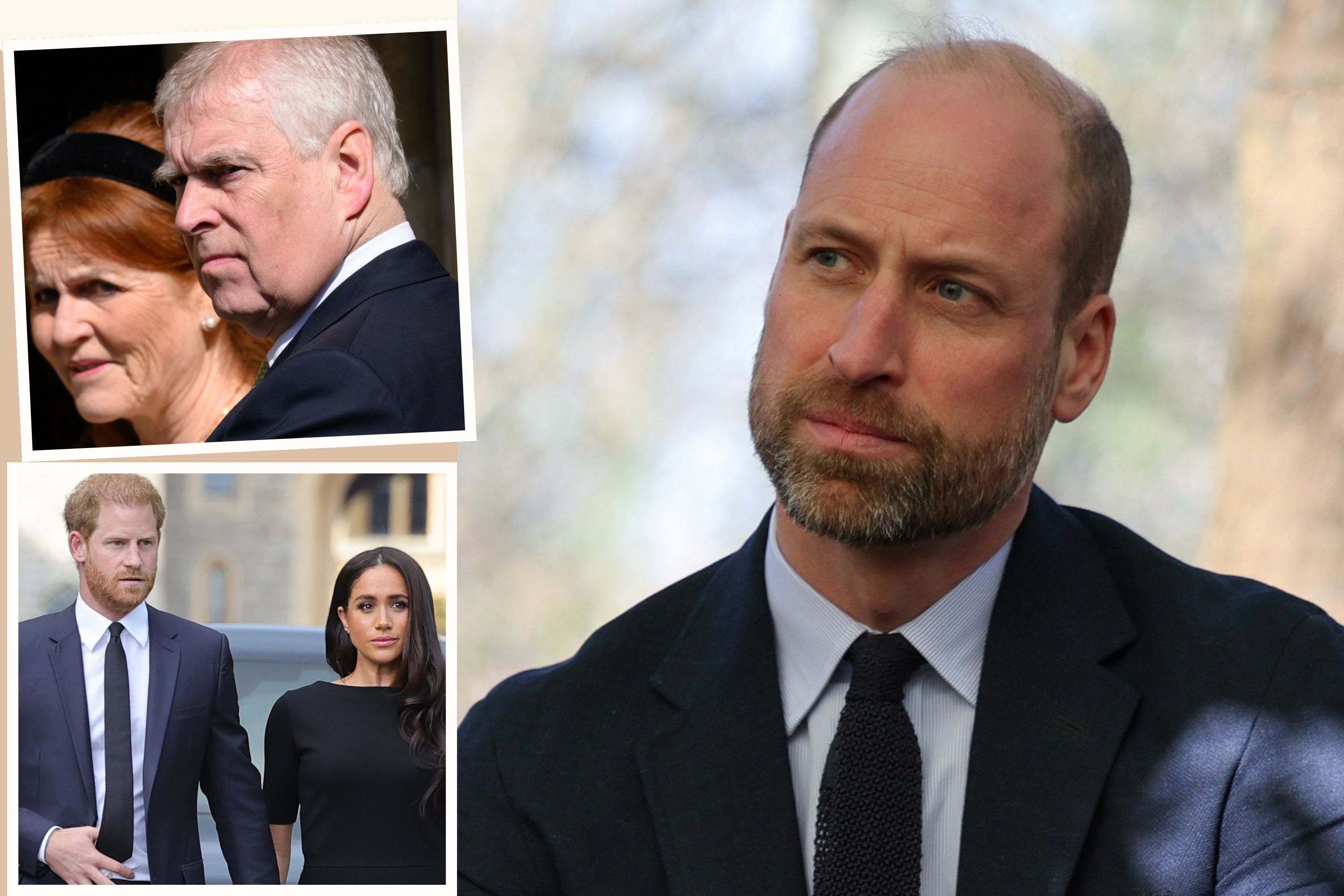 An image of Prince William with cut-out images of Prince Andrew and Sarah Ferguson, and Prince Harry and Meghan Markle 