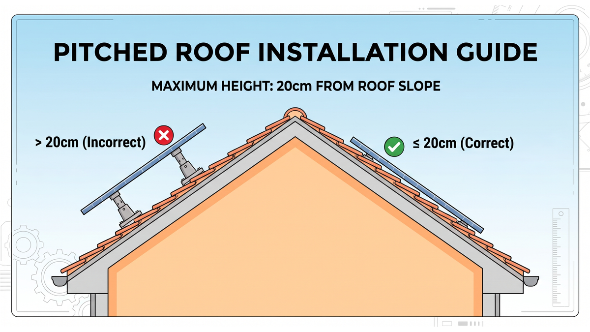 Diagram illustrating the height limits for solar panels on a pitched roof