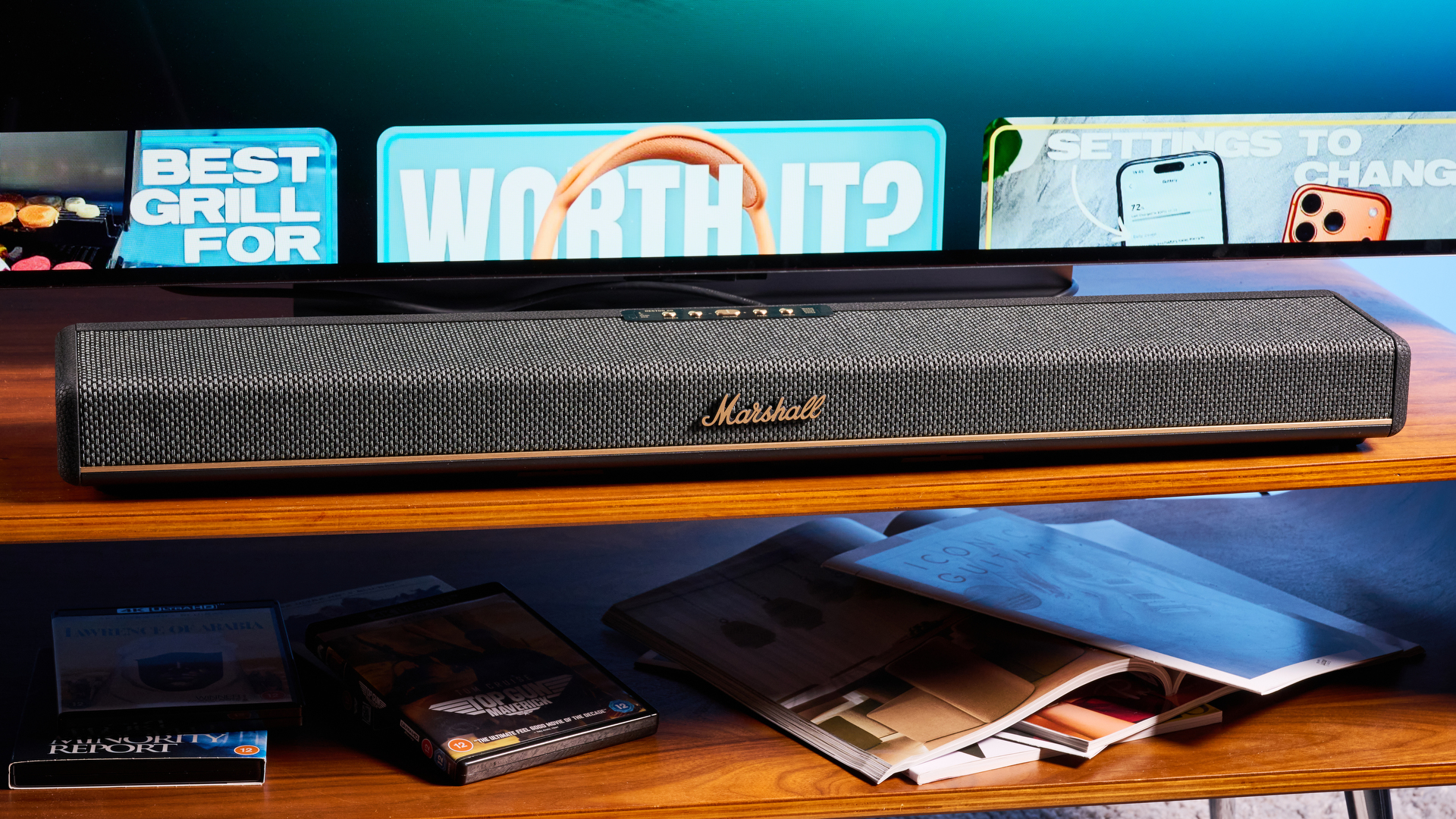 A Marshall Heston 60 compact mid-range soundbar in black