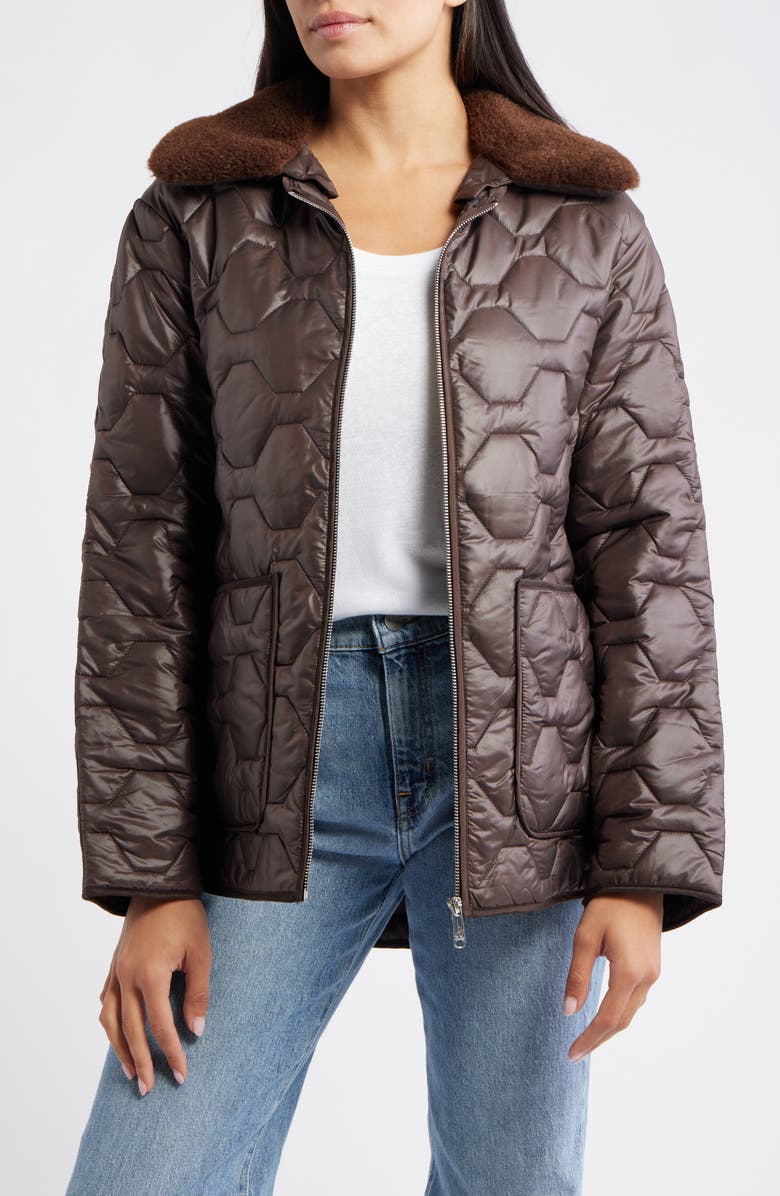 Wide Hexagon Quilted Coat With Removable Faux Fur Collar