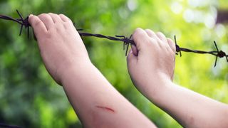 Child's hands grabbing rusty barbed wire. Tetanus is often associated with rusty sharp objects, but the bacteria that causes the disease can be found in a variety of places.