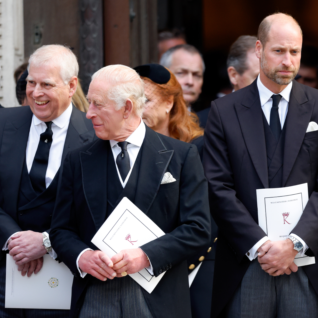 Prince Andrew laughs with King Charles, as Prince William looks awkward