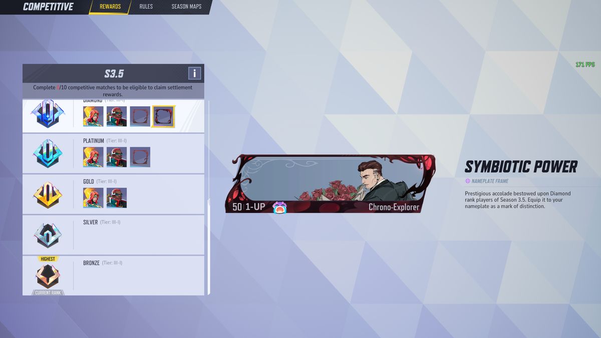 Marvel Rivals ranked rewards: The Symbiotic Power nameplate in the rewards preview screen.