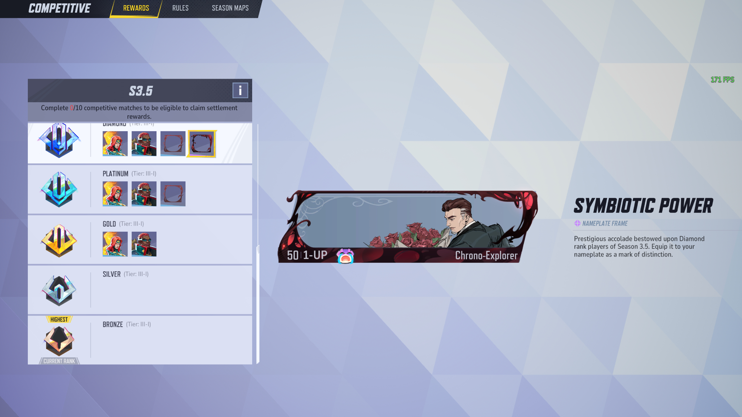 Marvel Rivals ranked rewards: The Symbiotic Power nameplate in the rewards preview screen.