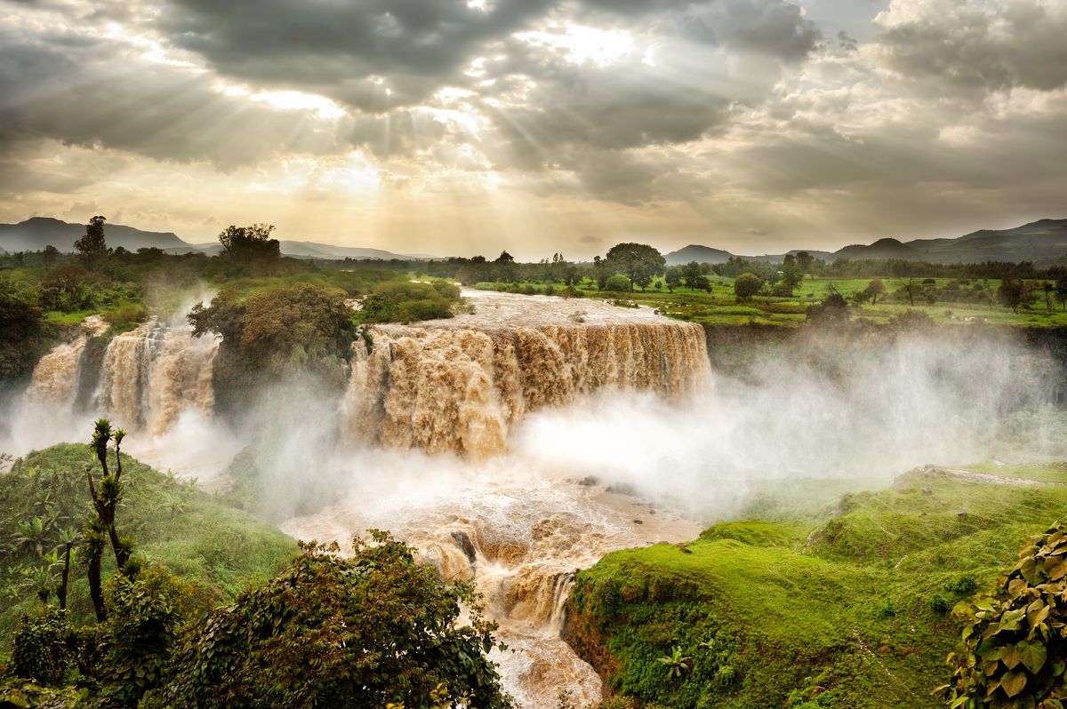 The Nile River begins high up in the Ethiopian Highlands near the Blue Nile Falls shown here. 