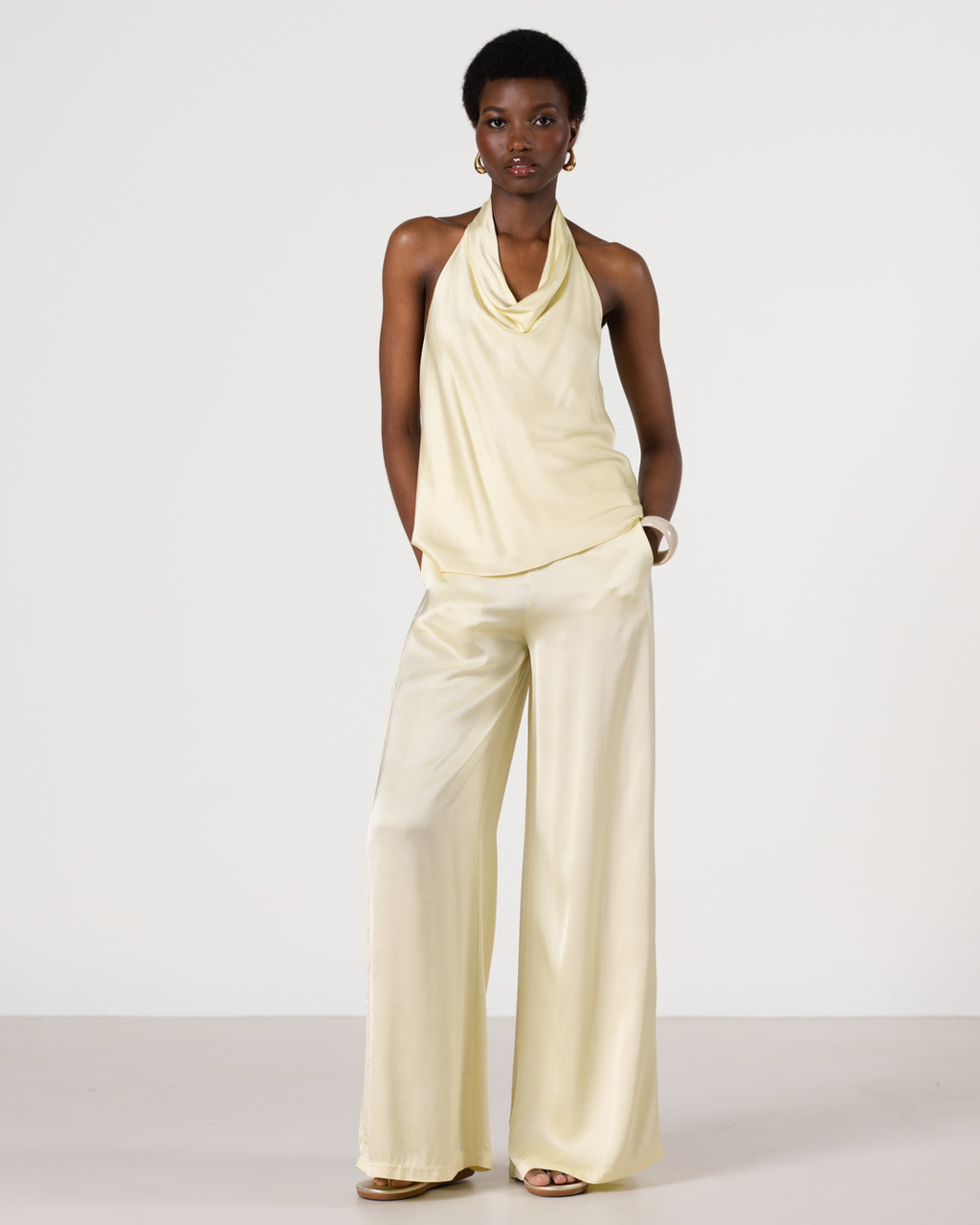 Giselle Elastic High Waist Satin Trousers | Butter Yellow