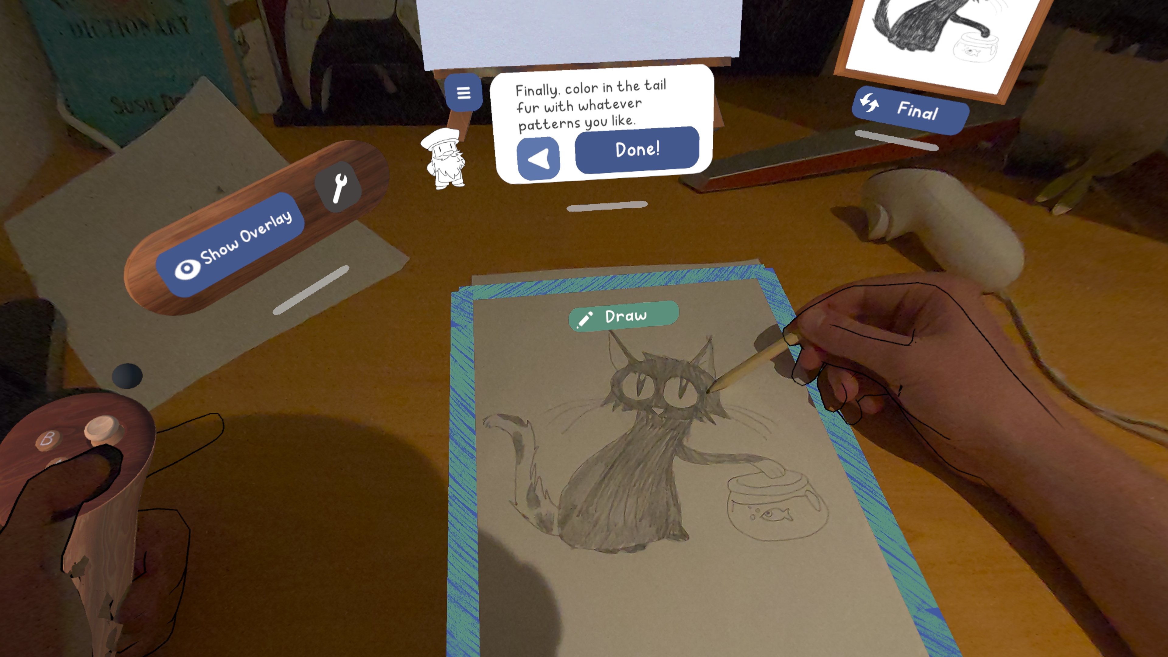 برنامه Meta Quest Paint VR ، با شخصی که از قلم برای ترسیم گربه استفاده می کند