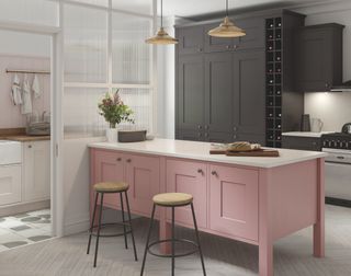 pink kitchen cabinet in a modern kitchen with shaker units